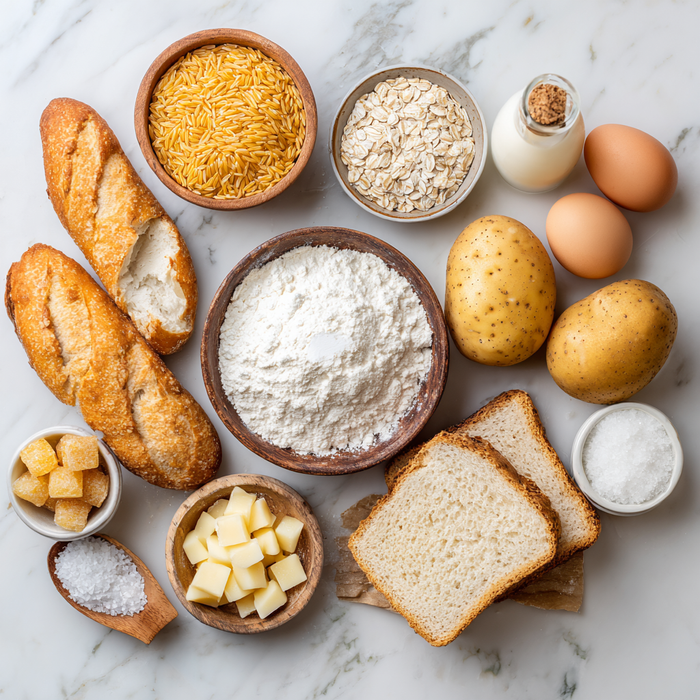 different types of carbohydrates on a table. bread flour, potatoes, candy