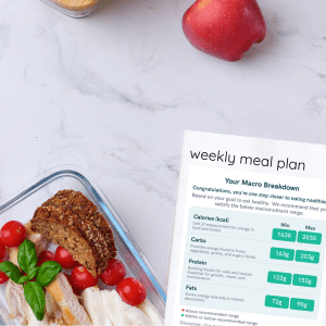 A weekly meal plan with a container of healthy food and an apple
