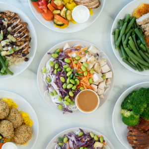 6 plates of colourful food 