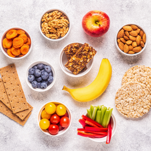 spread of healthy snacks in little bowls