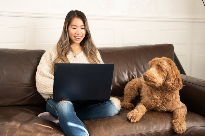 girl sitting on couch with laptop and dog 