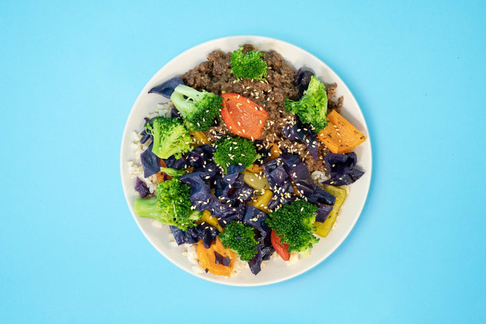 Meal with rice, ground beef and vegetables