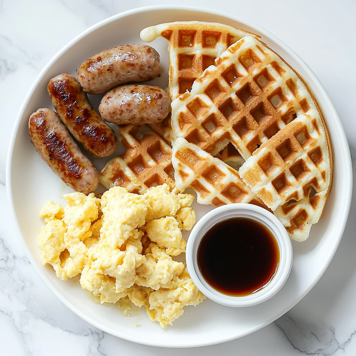plate with waffles, sausage and scrambled eggs from nutrimeals healthy breakfast ideas