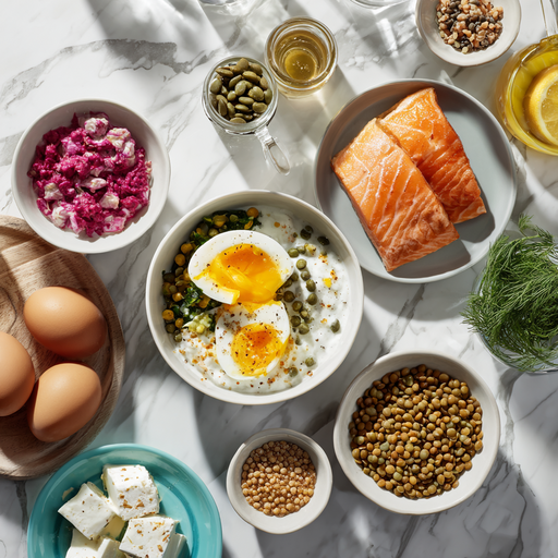 Balanced high-protein day with yogurt, salmon, tofu, eggs, and legumes arranged for 100 g target