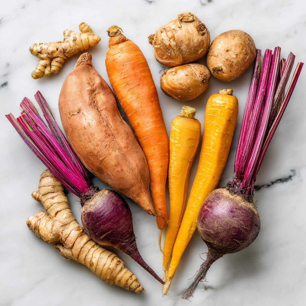 Different root vegetables on a table: beets, carrots, potatoes, sweet potato, turmeric