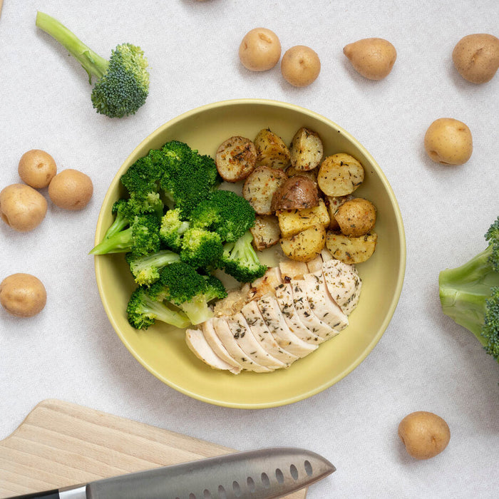 meal prepped chicken, with potatoes and broccoli