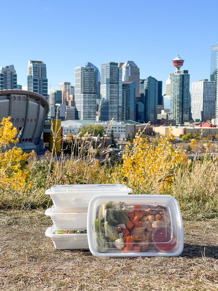 meals on the grass with city of calgary skyline in the background