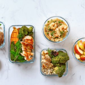 display of meal prep in glass containers