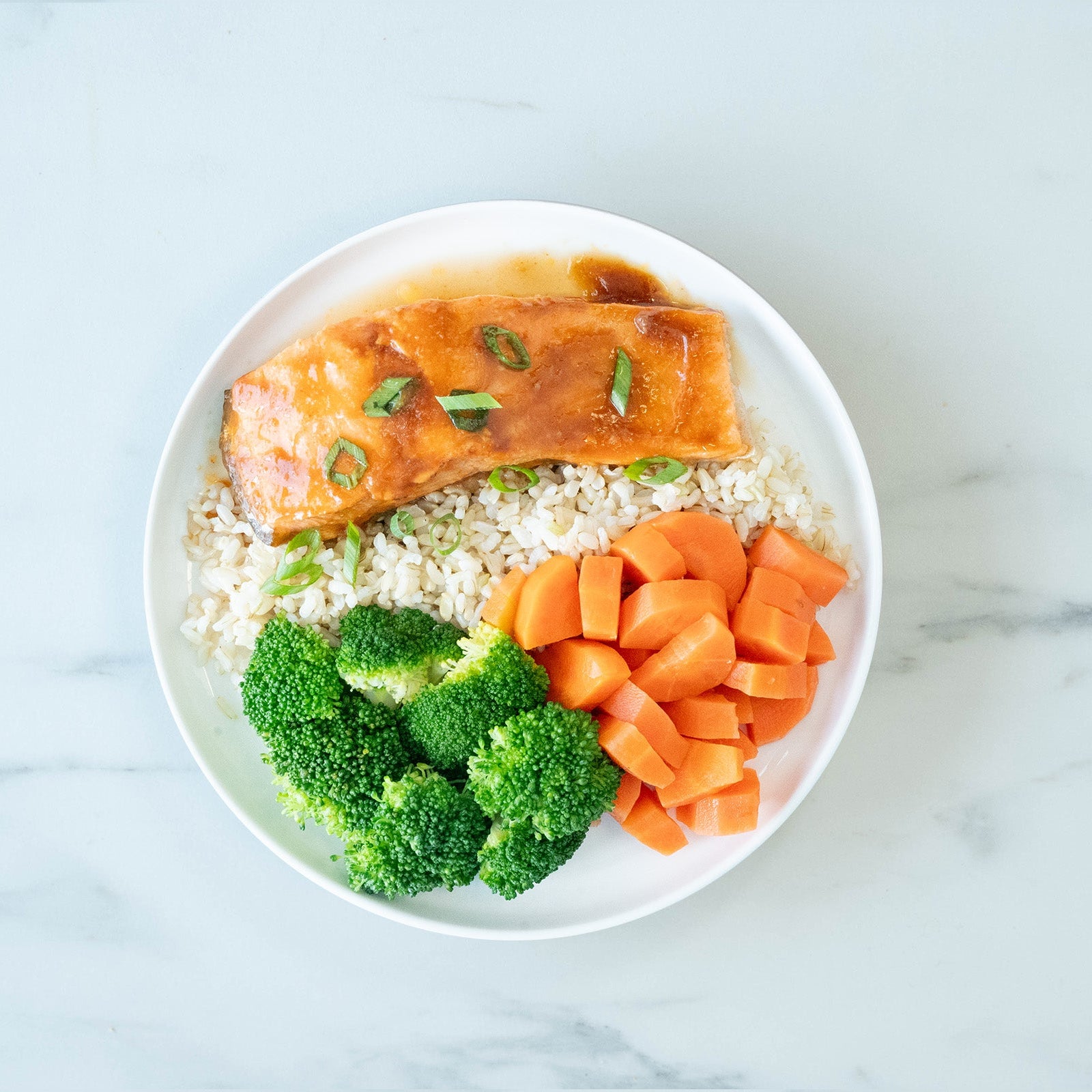 Salmon dish with rice, carrots, and broccoli on a white plate against a marble background