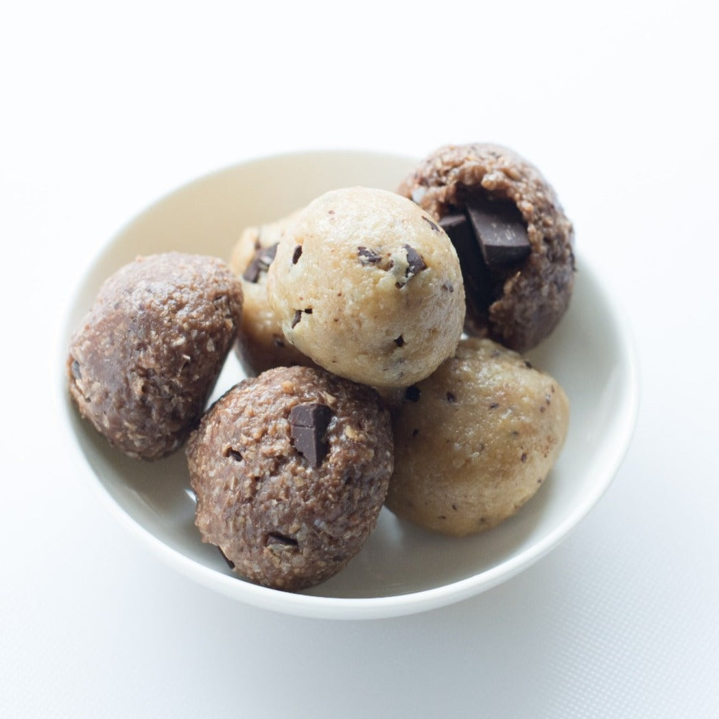 Snack of almost bites shaped in balls in white dish